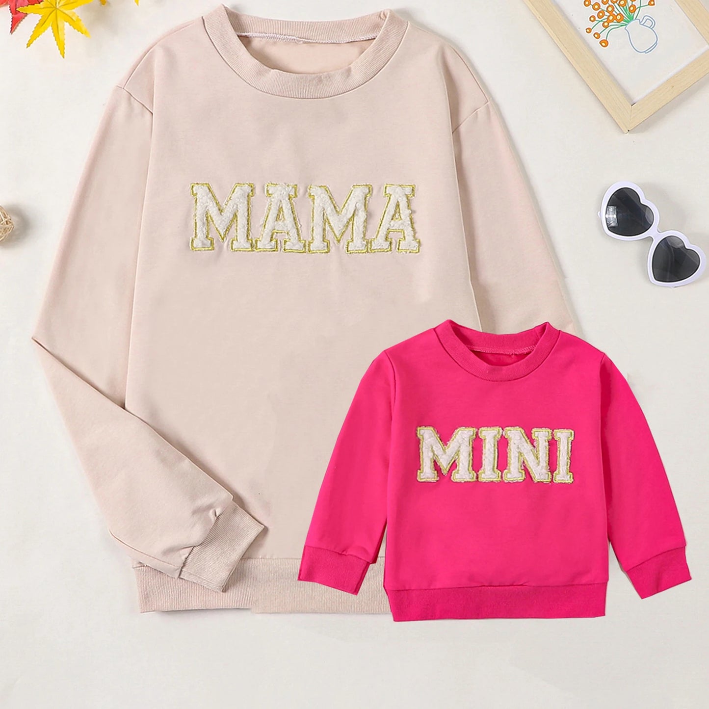 2024 Family Matching Outfits Mommy and Me Sweatshirts Fuzzy Letter Embroidery Long Sleeve Pullover Tops Mother Kids Clothes